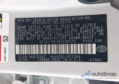 2024 Toyota Camry Se Night Shade from USA, damaged, VIN 4T1G11AK4RU238176